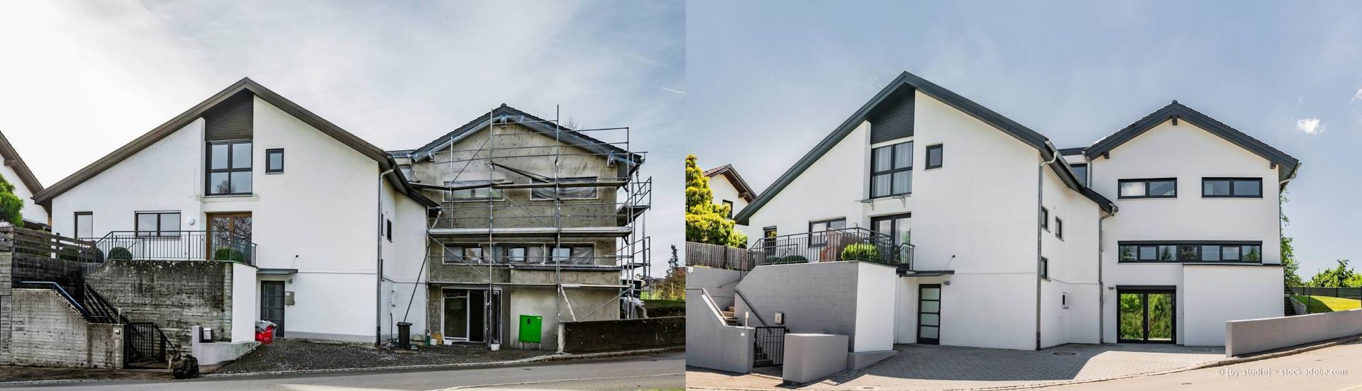 Ein Vorher-Nachher-Vergleich eines weißen Gebäudes, eine Seite im Bau, die andere fertiggestellt.
