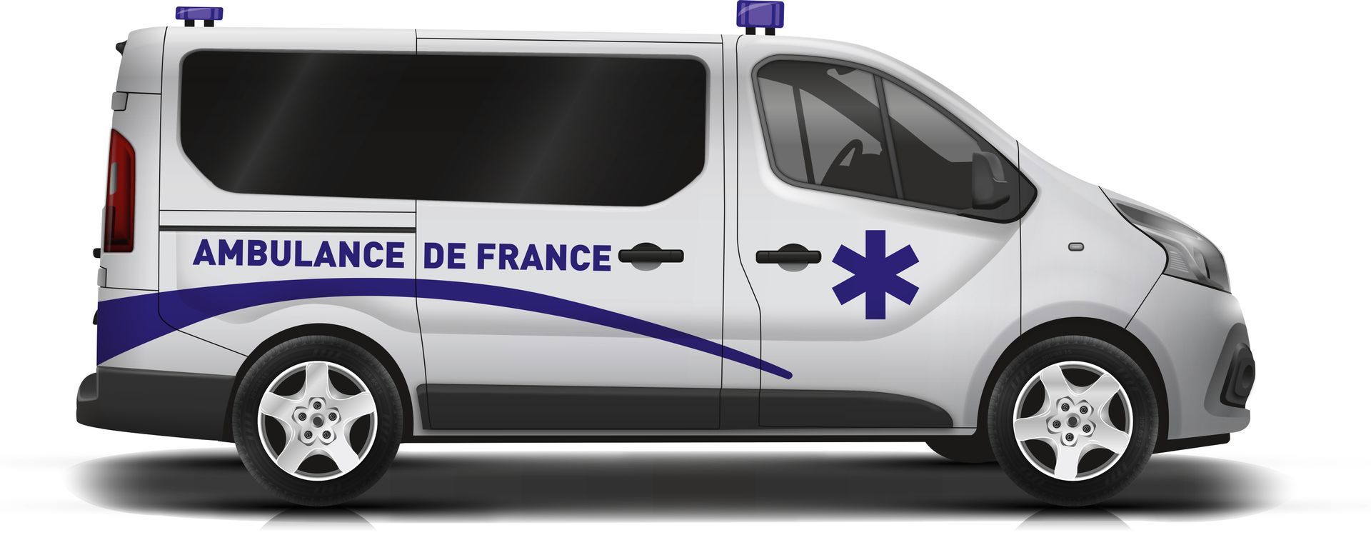 Une ambulance de France, blanche et bleue, vue de côté