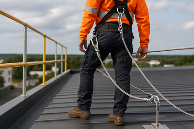 Eine Person in orangefarbener Sicherheitsweste und Sicherheitsgurt befindet sich auf einem Dach und ist mit einer Sicherheitsleine verbunden.