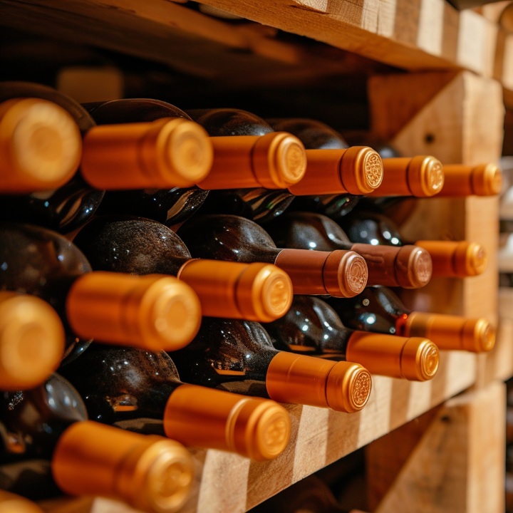 Botellas de vino con tapones dorados almacenadas en estantes de madera.