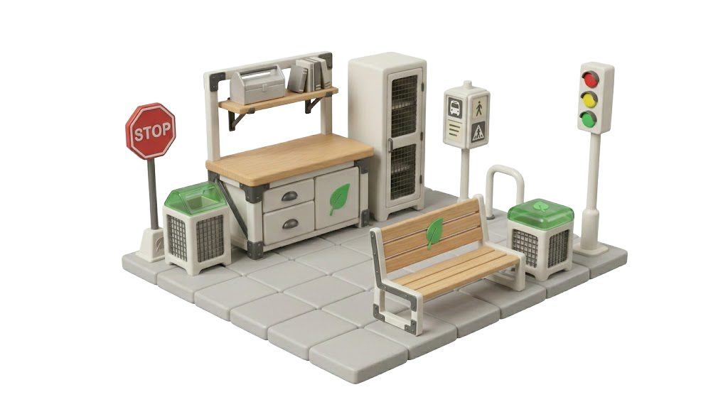 Un coin de rue miniature avec un établi, un banc, des poubelles, un panneau stop et un feu de circulation sur une base carrée carrelée.