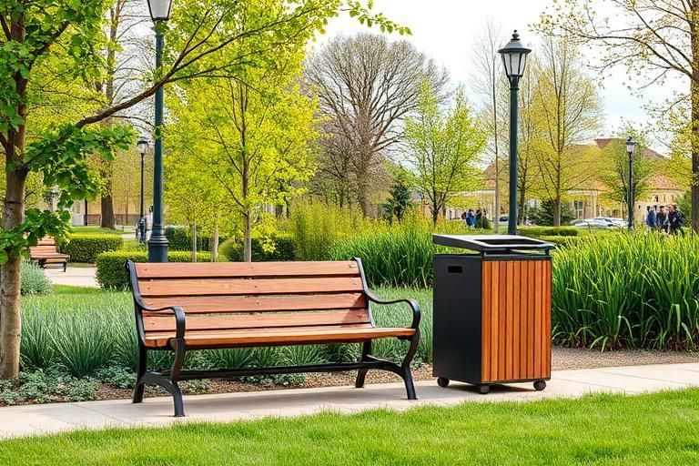Un banc de parc en bois et une poubelle assortie sont installés sur un chemin pavé dans un parc herbeux entouré d'arbres et de lampadaires.