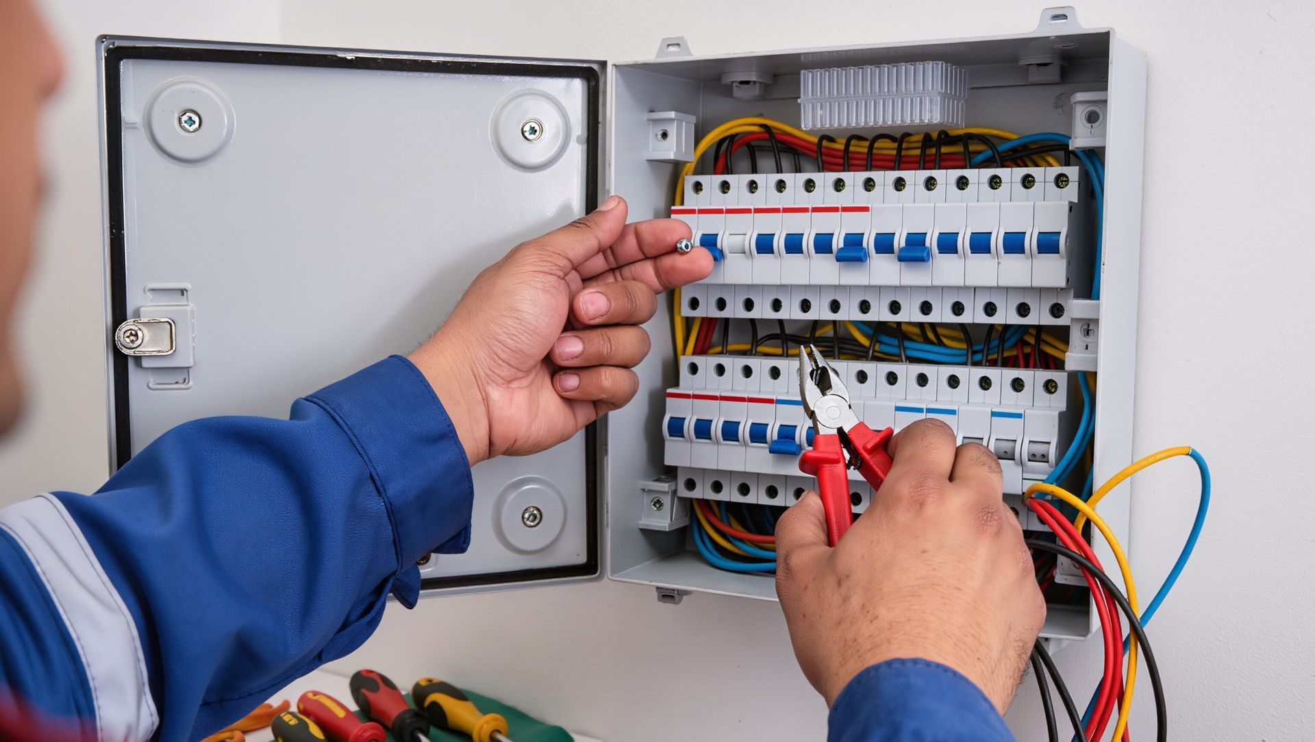 Un électricien travaille sur un tableau électrique à l'aide d'une pince. On aperçoit les fils et les interrupteurs.