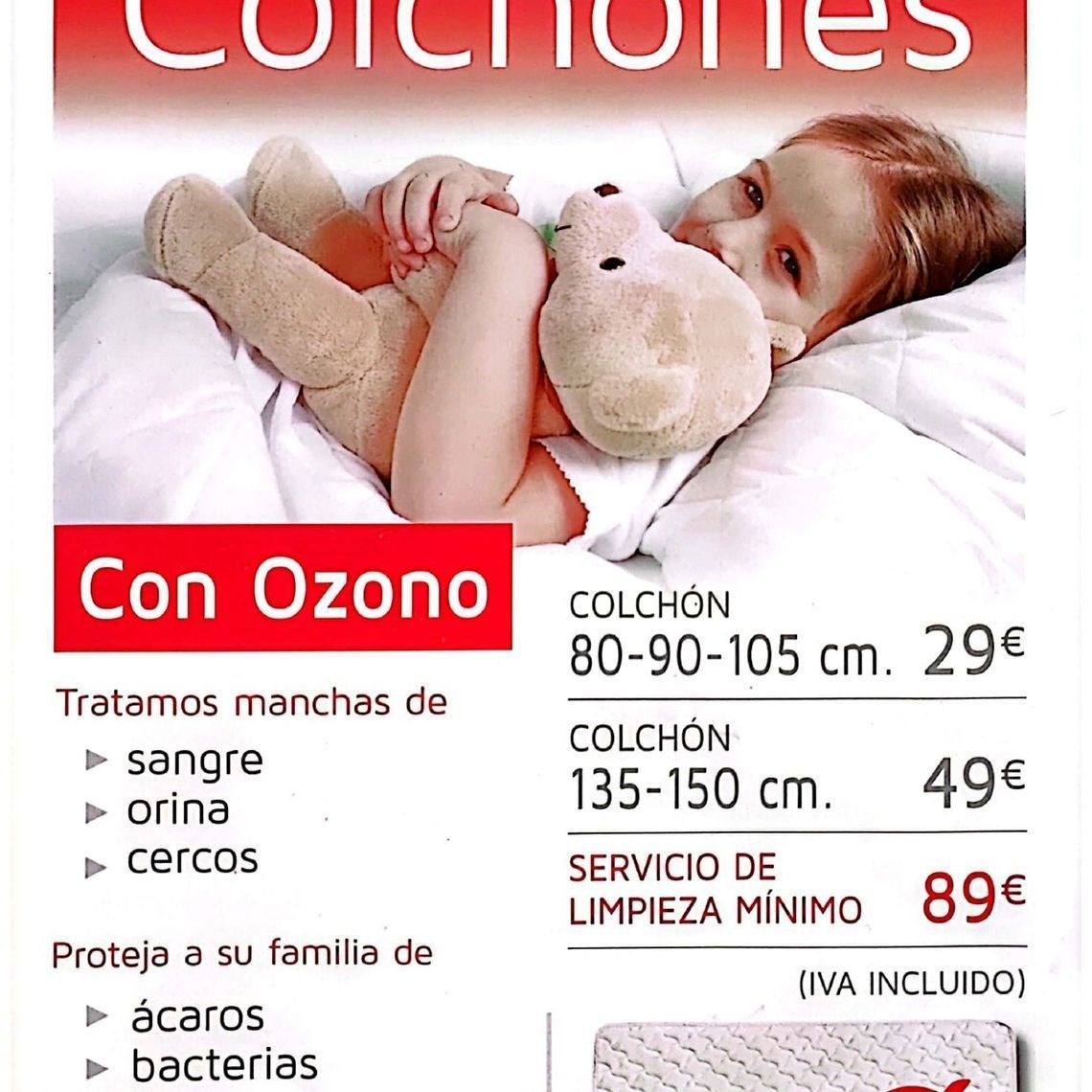 Anuncio de limpieza de colchones con ozono. Incluye un niño con un osito de peluche, lista de precios y detalles de la limpieza.