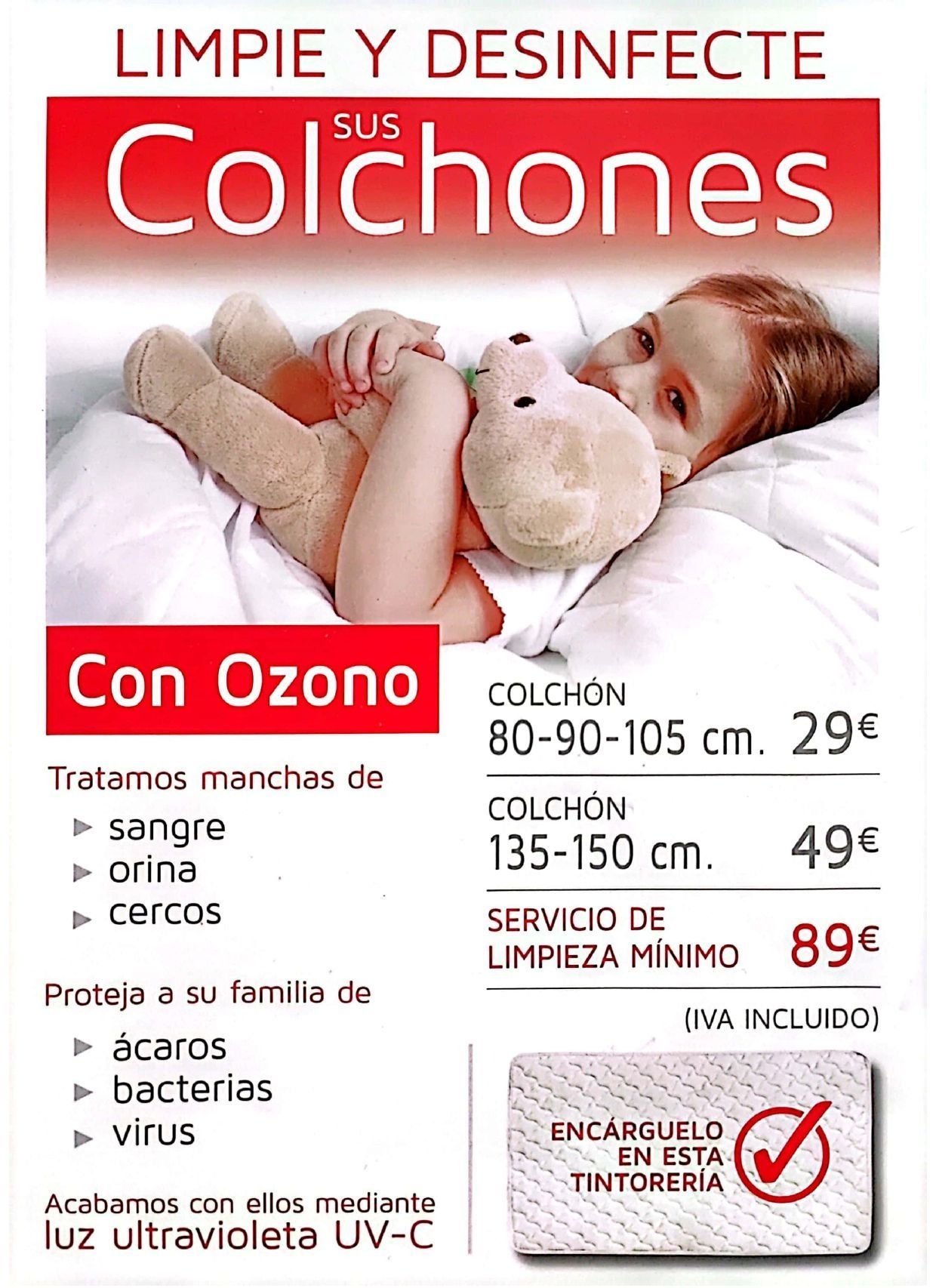 Anuncio: Limpia y desinfecta colchones con ozono. Muestra a un niño con un osito de peluche. Incluye precio y detalles de eliminación de manchas.