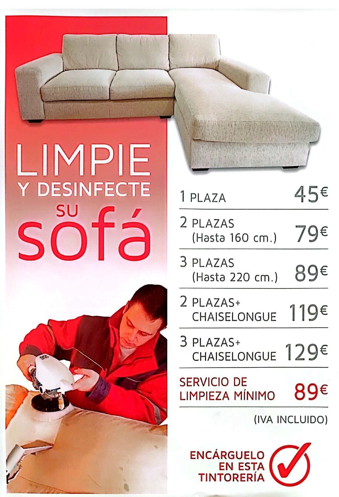 Anuncio: Servicio de limpieza de sofás, precios indicados. Fondo rojo y blanco. Hombre usando una herramienta de limpieza.