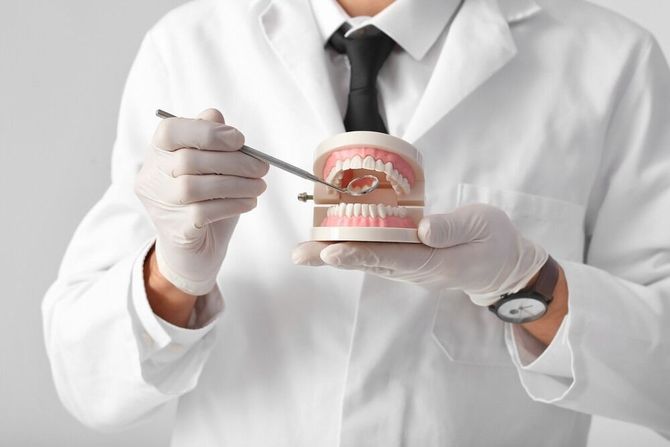 Dentista con bata blanca sosteniendo un modelo de dientes, utilizando un instrumento dental.