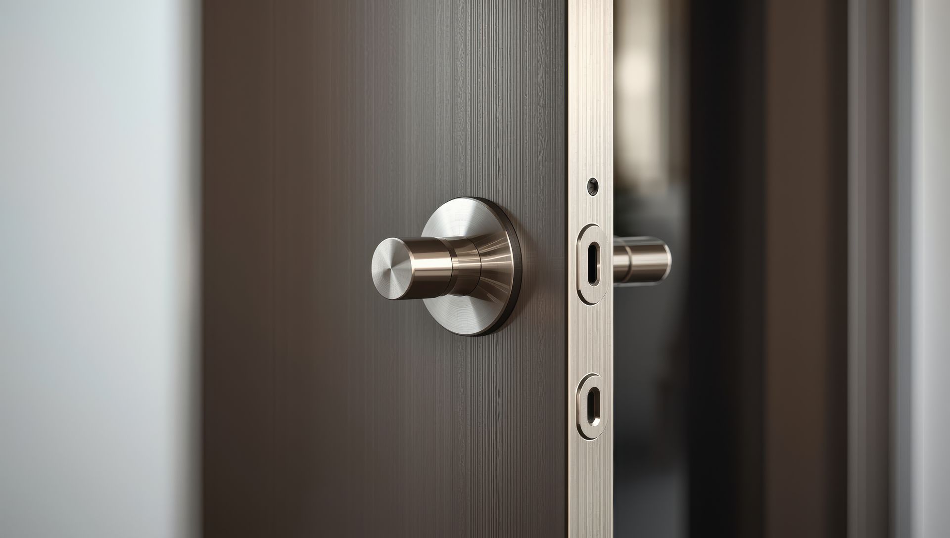 Gros plan sur une poignée de porte argentée sur une porte en bois foncé, légèrement ouverte