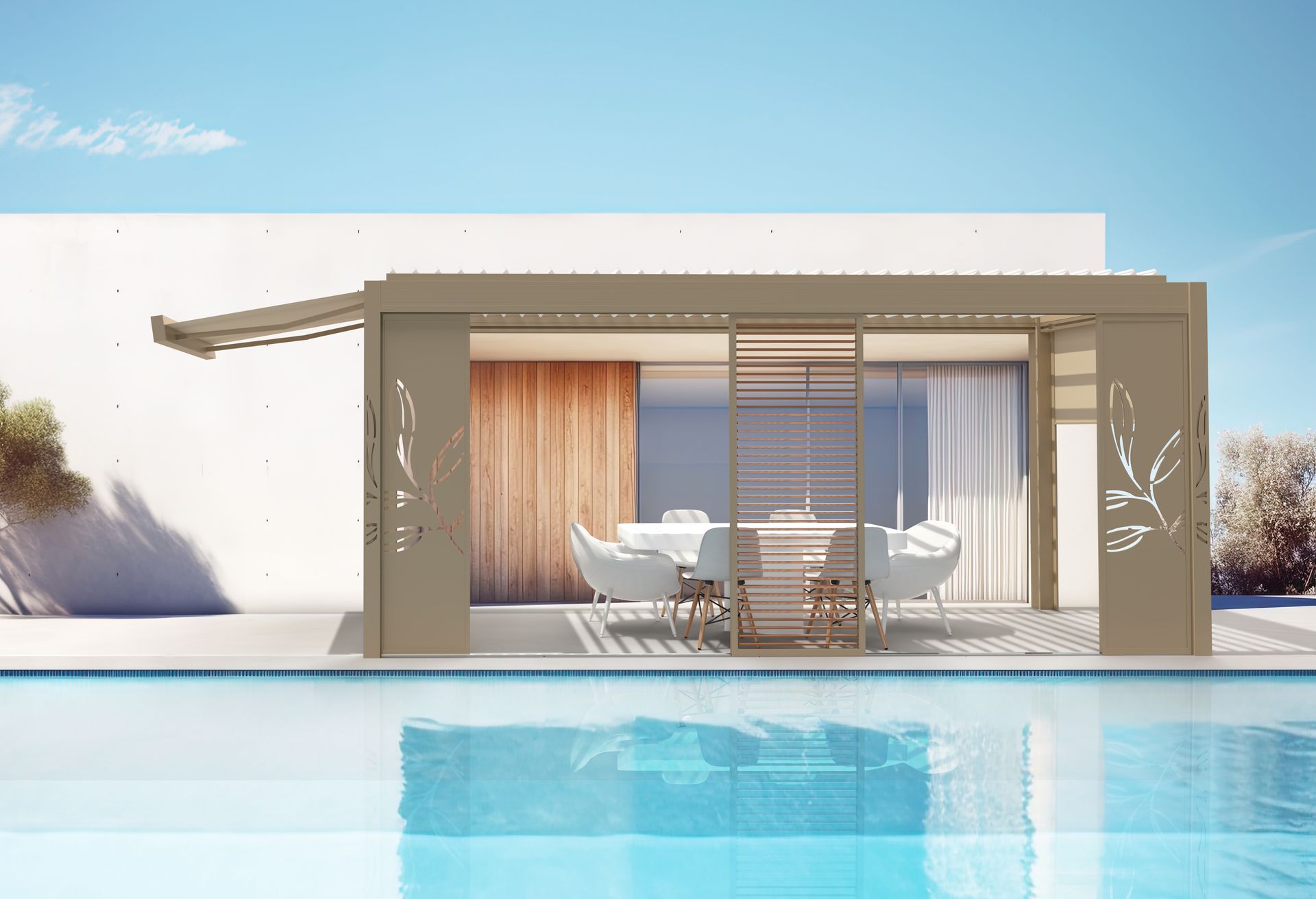 Pergola bioclimatique de couleur taupe avec store banne et panneau latéral