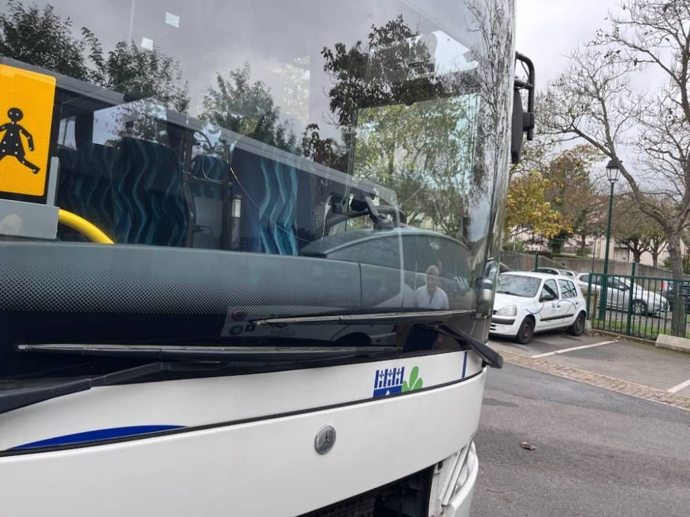 Autocar blanc avec des touches de bleu stationné au bord d’une route, sous des arbres par temps nuageux