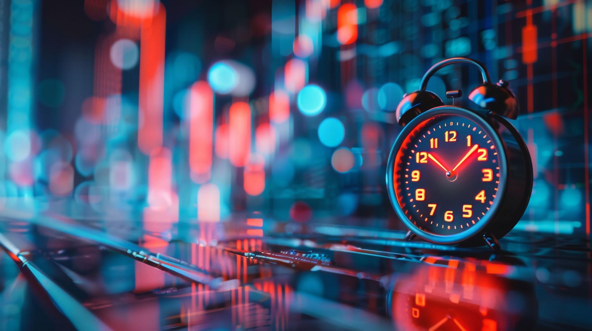 Reloj despertador negro sobre una superficie reflectante con un fondo borroso de luces rojas y azules, parecido a un gráfico de acciones.