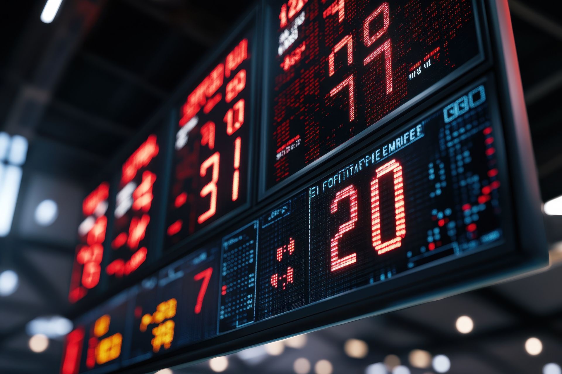 Marcador de baloncesto que muestra las puntuaciones: 7, 20, 31 y 77 en números digitales rojos.