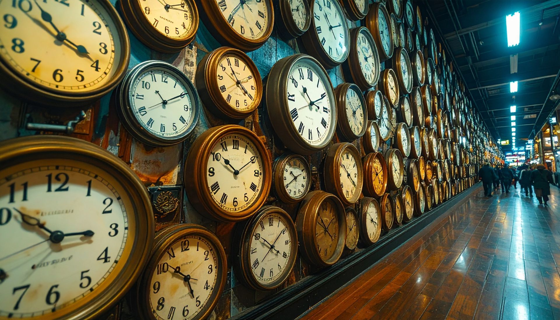 Un muro de relojes en una estación de tren muestra diferentes horas. Al fondo se ve gente caminando.