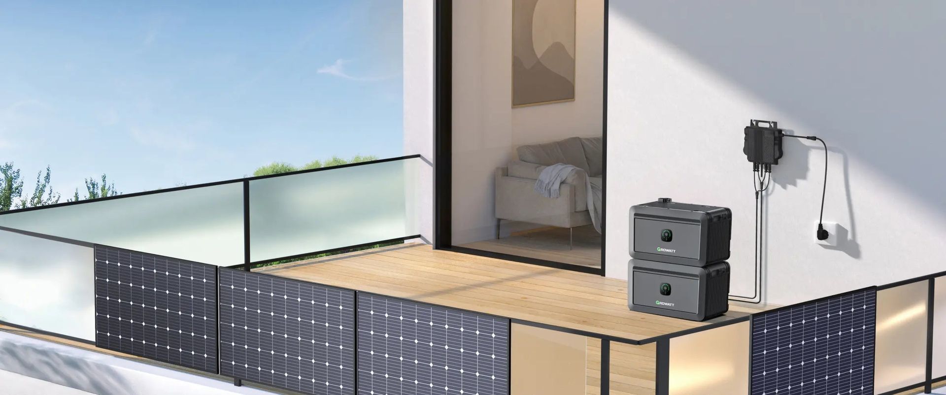 Eine Zeichnung eines Balkons mit Solarmodulen darauf.