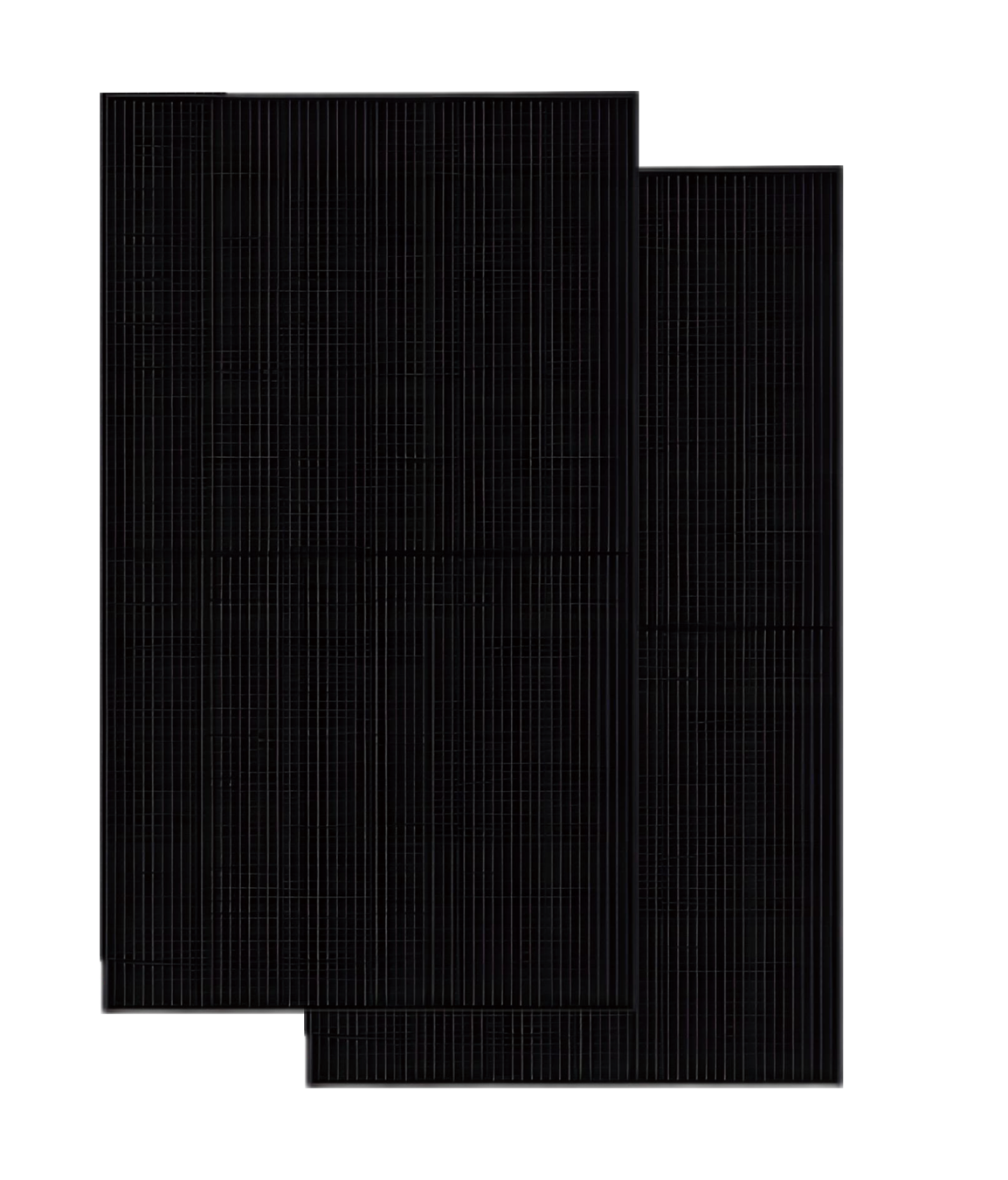 Zwei schwarze Solarmodule sind auf einem weißen Hintergrund übereinander gestapelt.