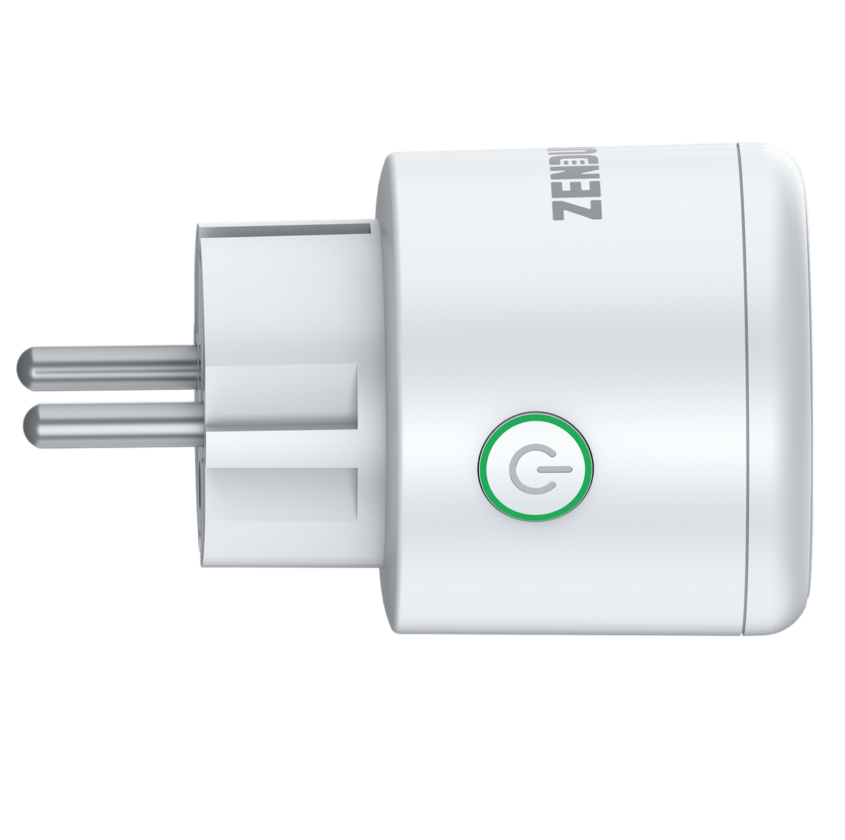 Ein weißer Stecker mit einem grünen Einschaltknopf.