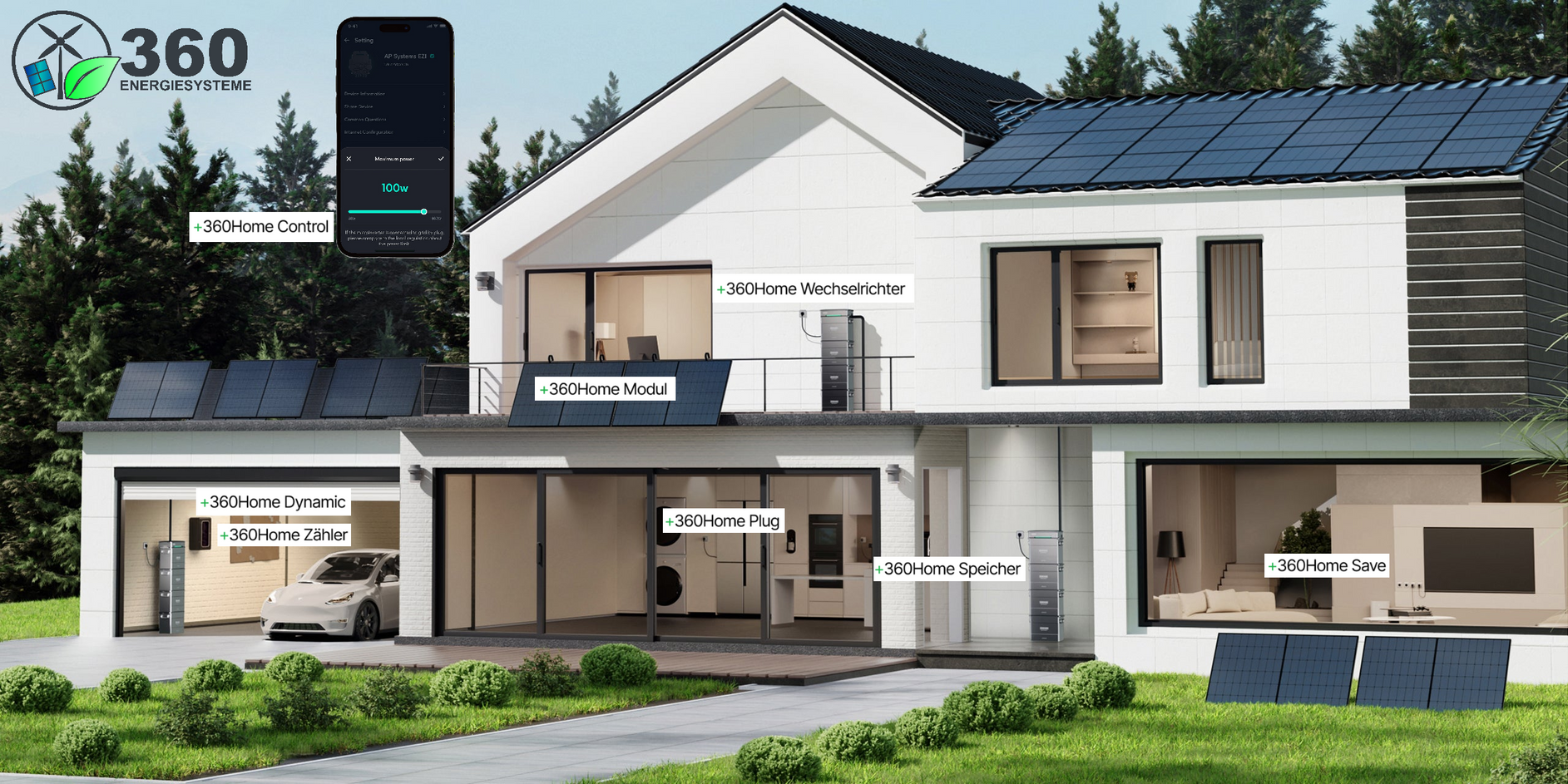 Ein weißes Haus mit Solarzellen auf dem Dach und einem in der Einfahrt geparkten Auto.