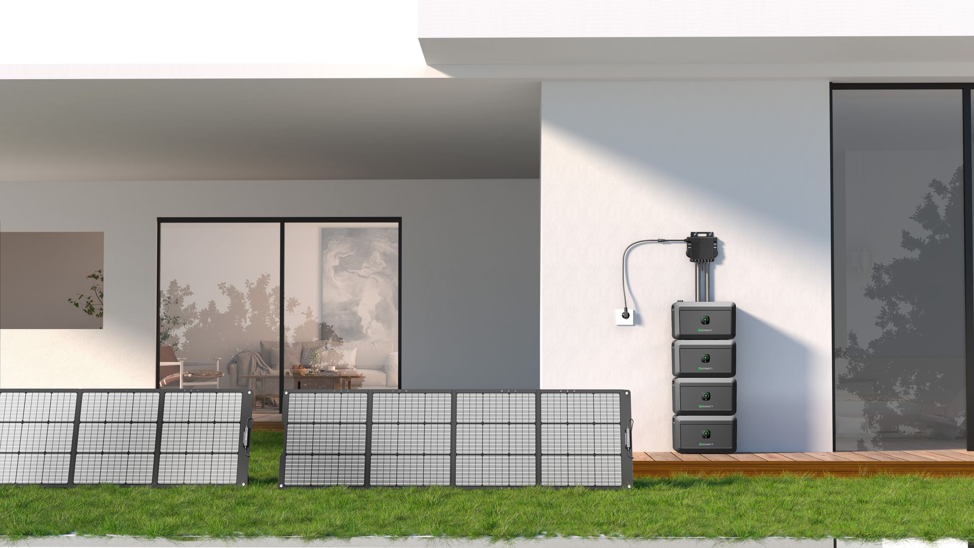 Ein Haus mit vielen Fenstern und vielen Solarmodulen auf dem Rasen.