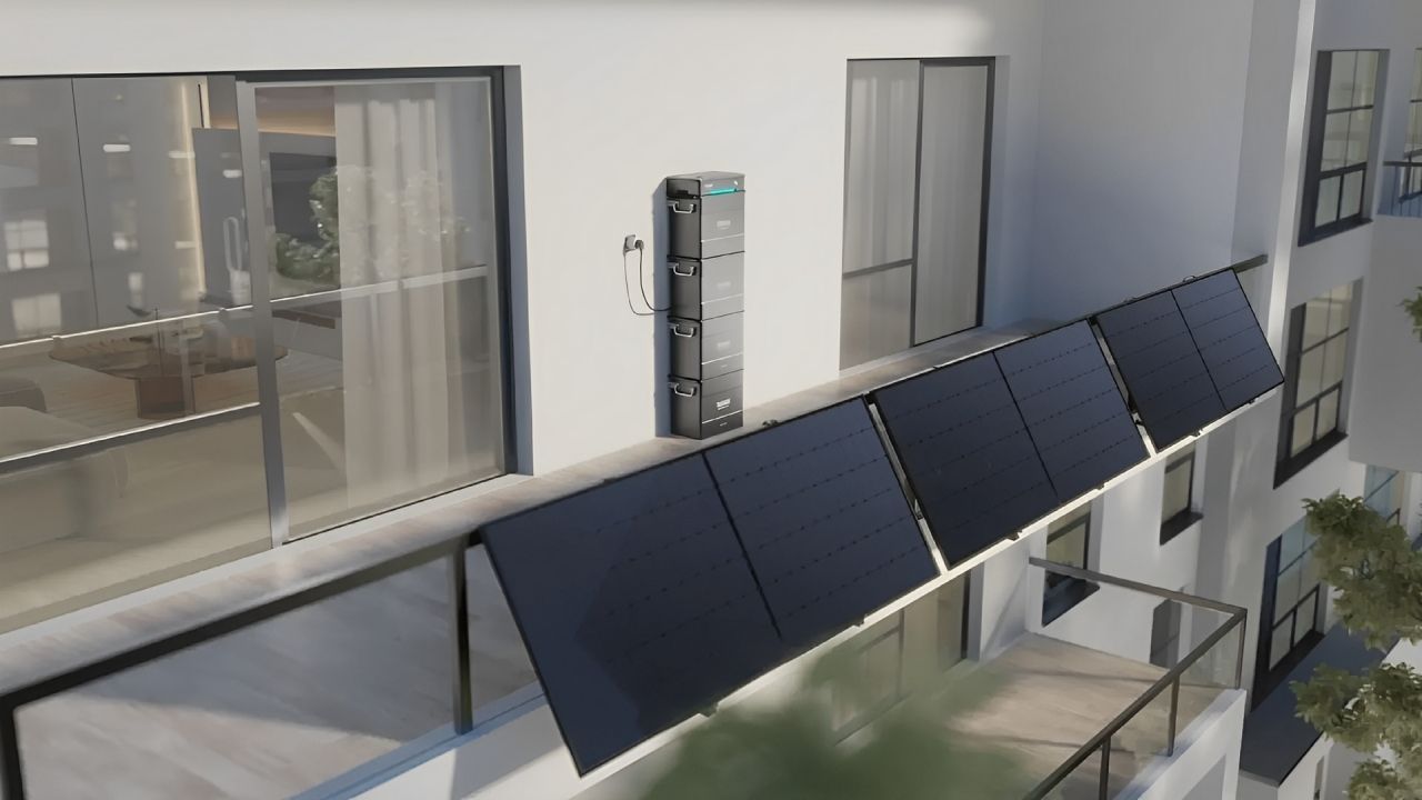 Ein Balkon mit Sonnenkollektoren an der Seite eines Gebäudes.