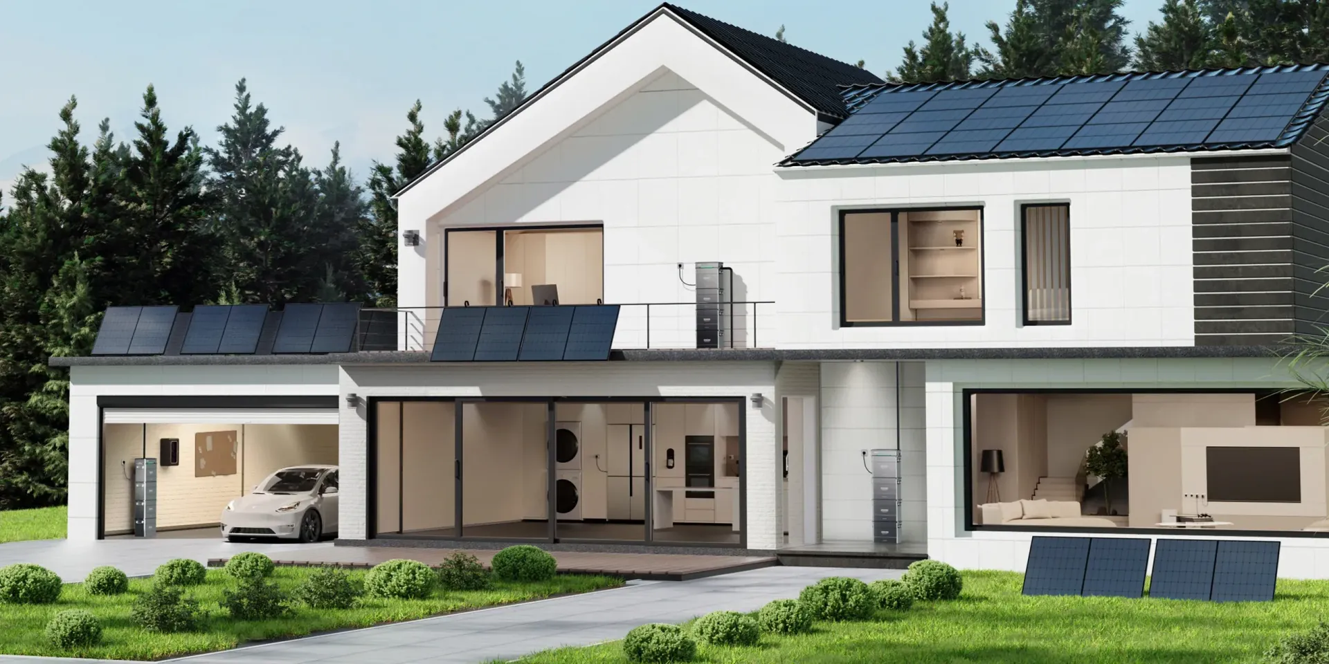 Ein weißes Haus mit Solarzellen auf dem Dach und einem in der Einfahrt geparkten Auto.