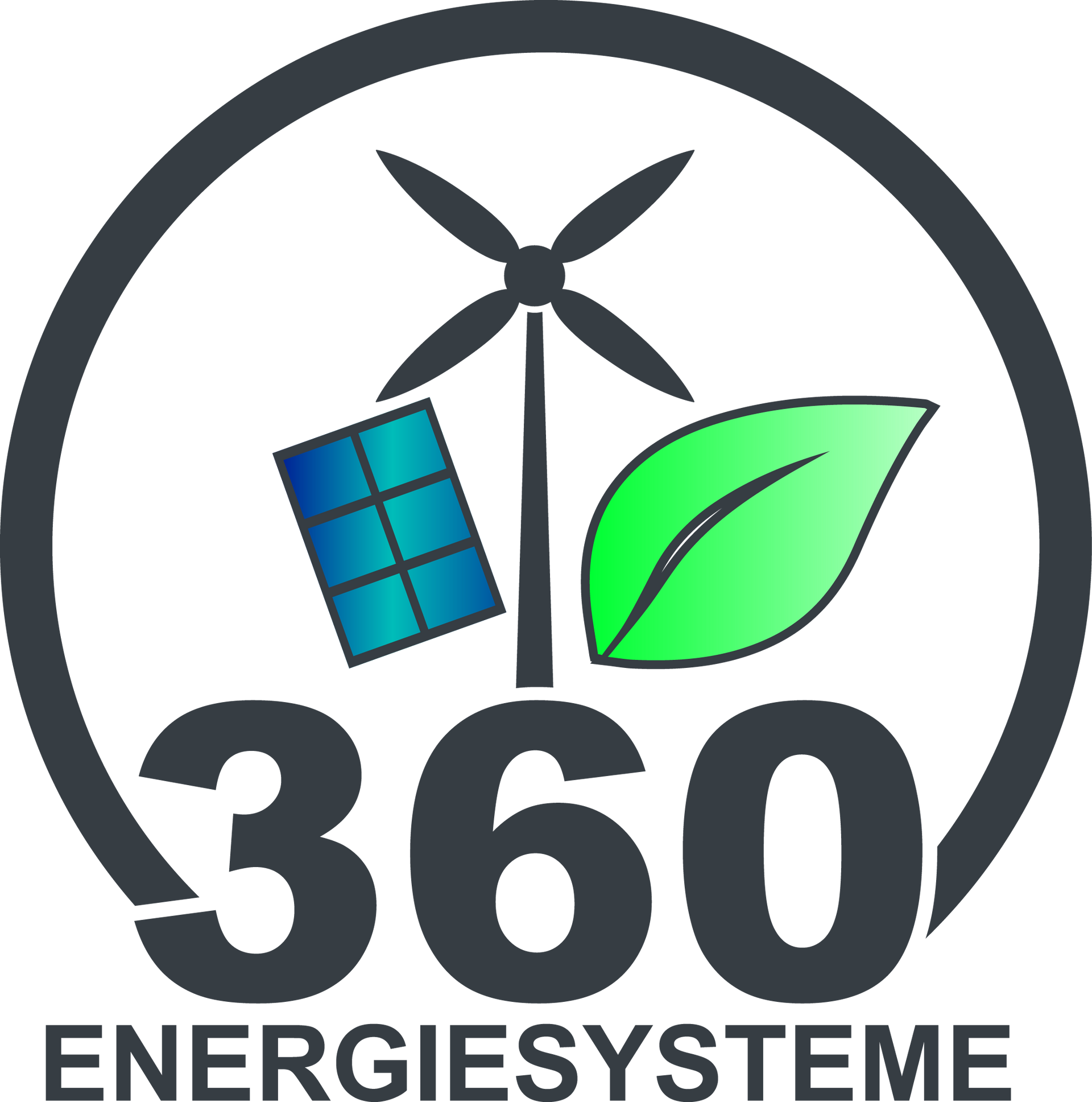 Ein Logo für ein Unternehmen namens Energiesysteme mit einer Windmühle, einem Solarpanel und einem Blatt.