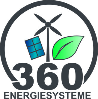 Ein Logo für ein Unternehmen namens Energiesysteme mit einer Windmühle, einem Solarpanel und einem Blatt.