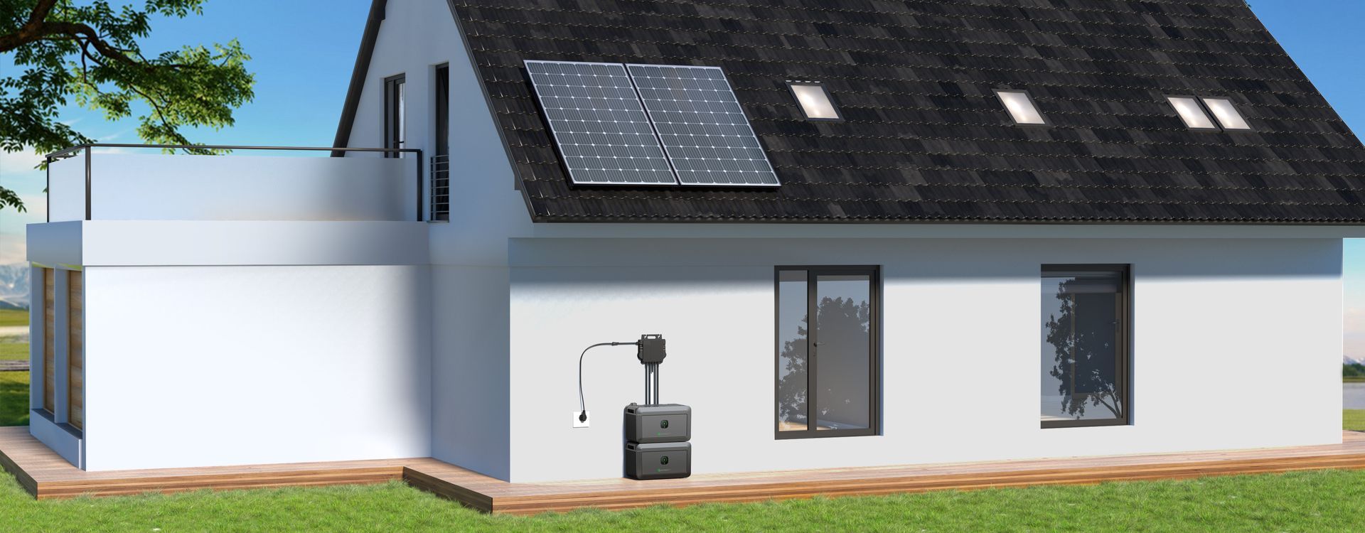 Ein weißes Haus mit schwarzem Dach und Solarzellen auf dem Dach