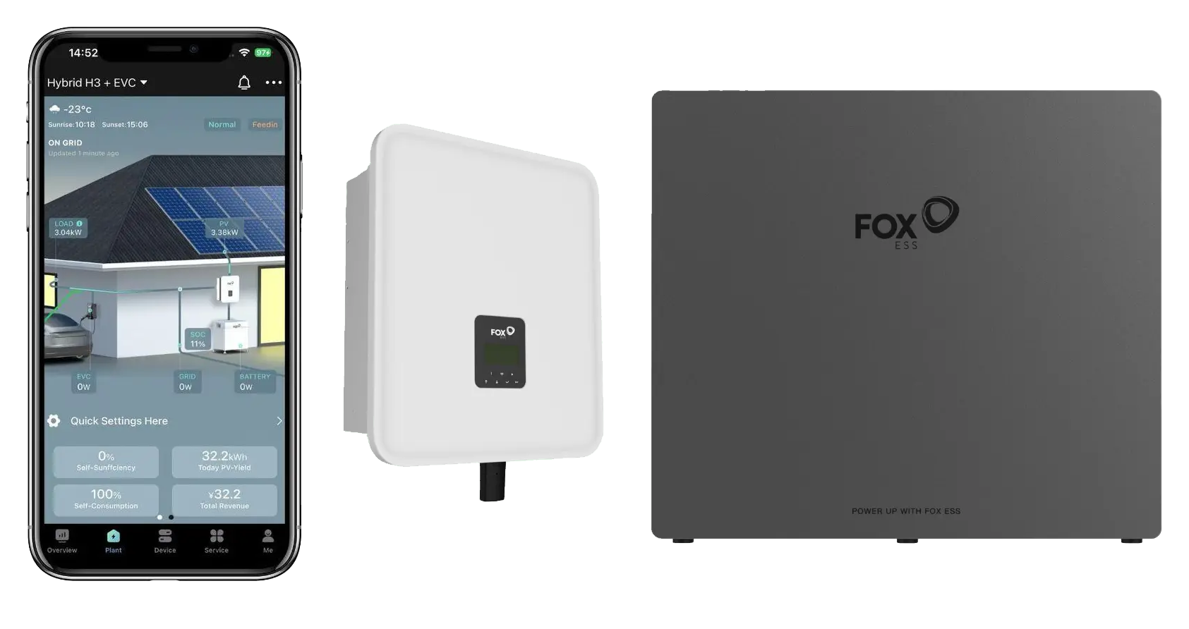 Ein Mobiltelefon, ein Solarpanel und eine Batterie.