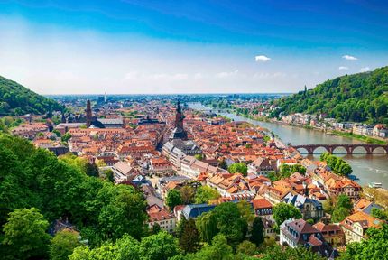 Eine Luftaufnahme einer Stadt, umgeben von Bäumen und einem Fluss.