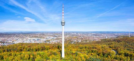 Eine Luftaufnahme eines Turms inmitten eines Waldes mit einer Stadt im Hintergrund.