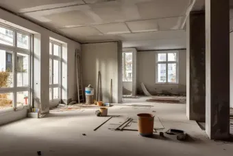 Habitación vacía en obras con herramientas, escombros y grandes ventanales que dejan entrar la luz del día.