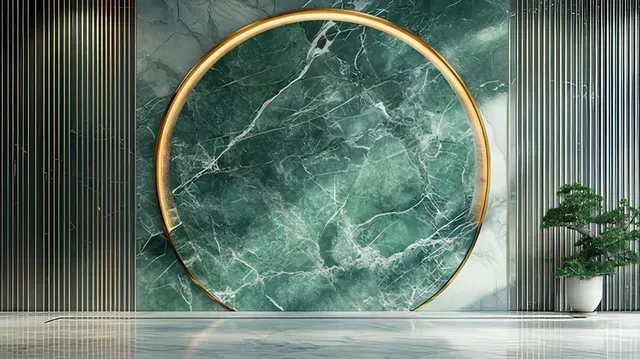 Interior moderno con una gran pared redonda de mármol verde, marco dorado y una planta en maceta.
