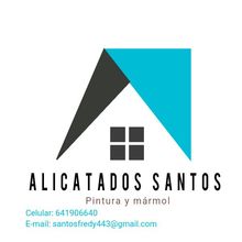 Logo de Alicatados Santos, con techo gris y turquesa y un icono de ventana negra.