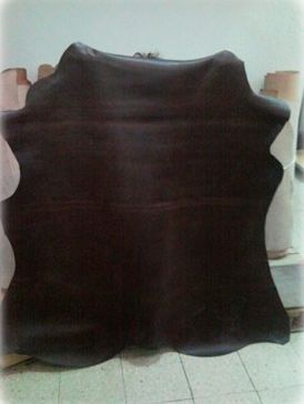 Un gran trozo de cuero marrón reposa sobre un suelo de baldosas.