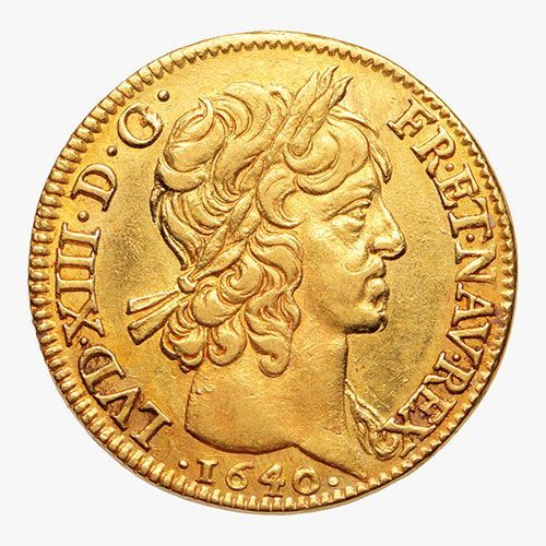 Pièce d'or avec profil de Louis XIII, texte et date 1640.