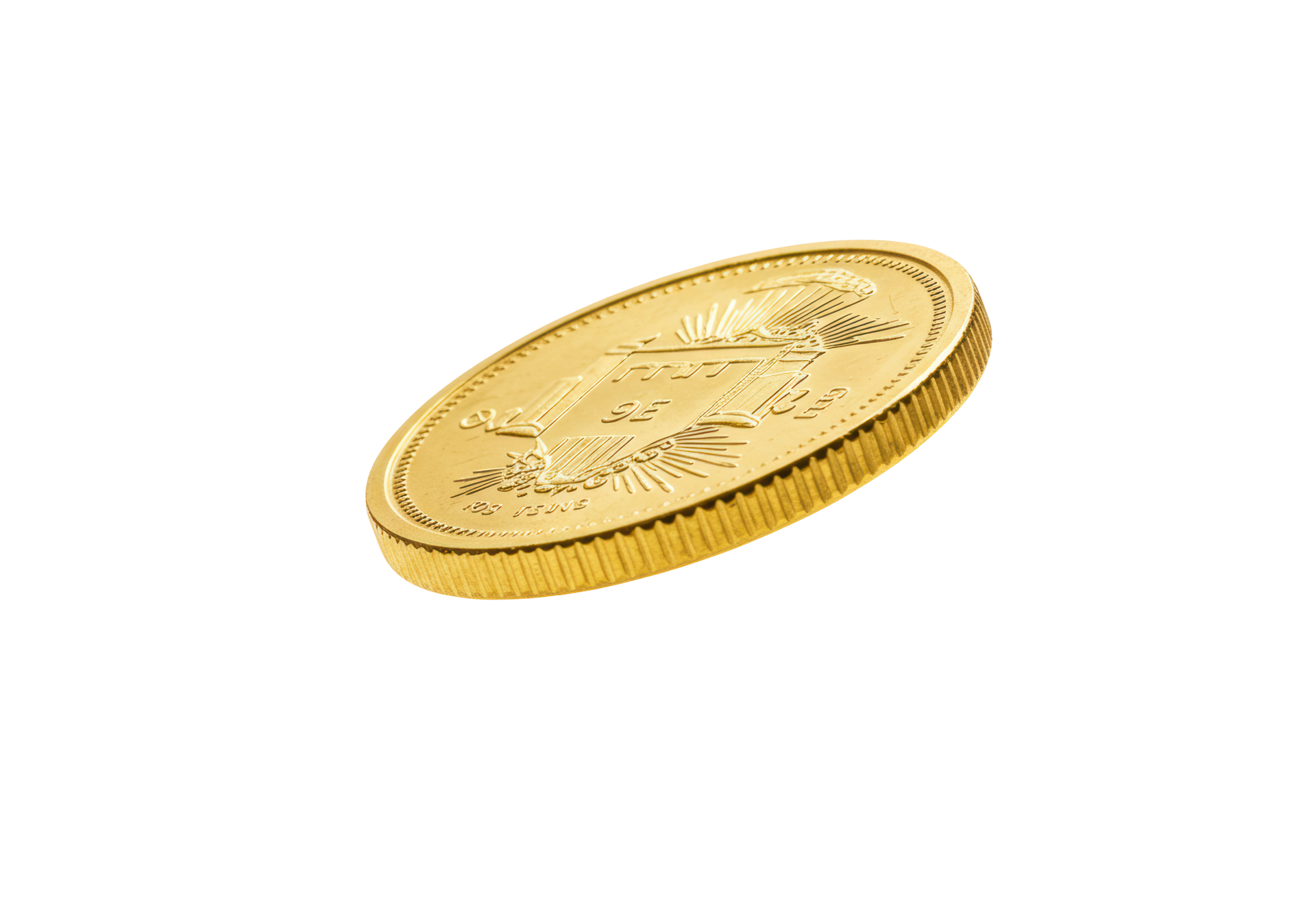 Pièce d'or, légèrement inclinée, présentant un dessin détaillé et un bord strié.