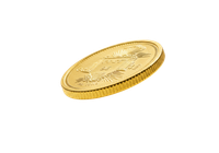 Pièce d'or, légèrement inclinée, présentant un dessin détaillé et un bord strié.
