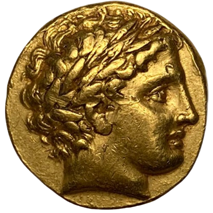 Pièce d'or, profil d'un homme, probablement un souverain, portant une couronne de laurier.
