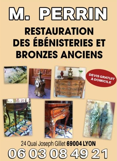Annonce pour M. Perrin : restauration de meubles anciens et de bronzes à Lyon.