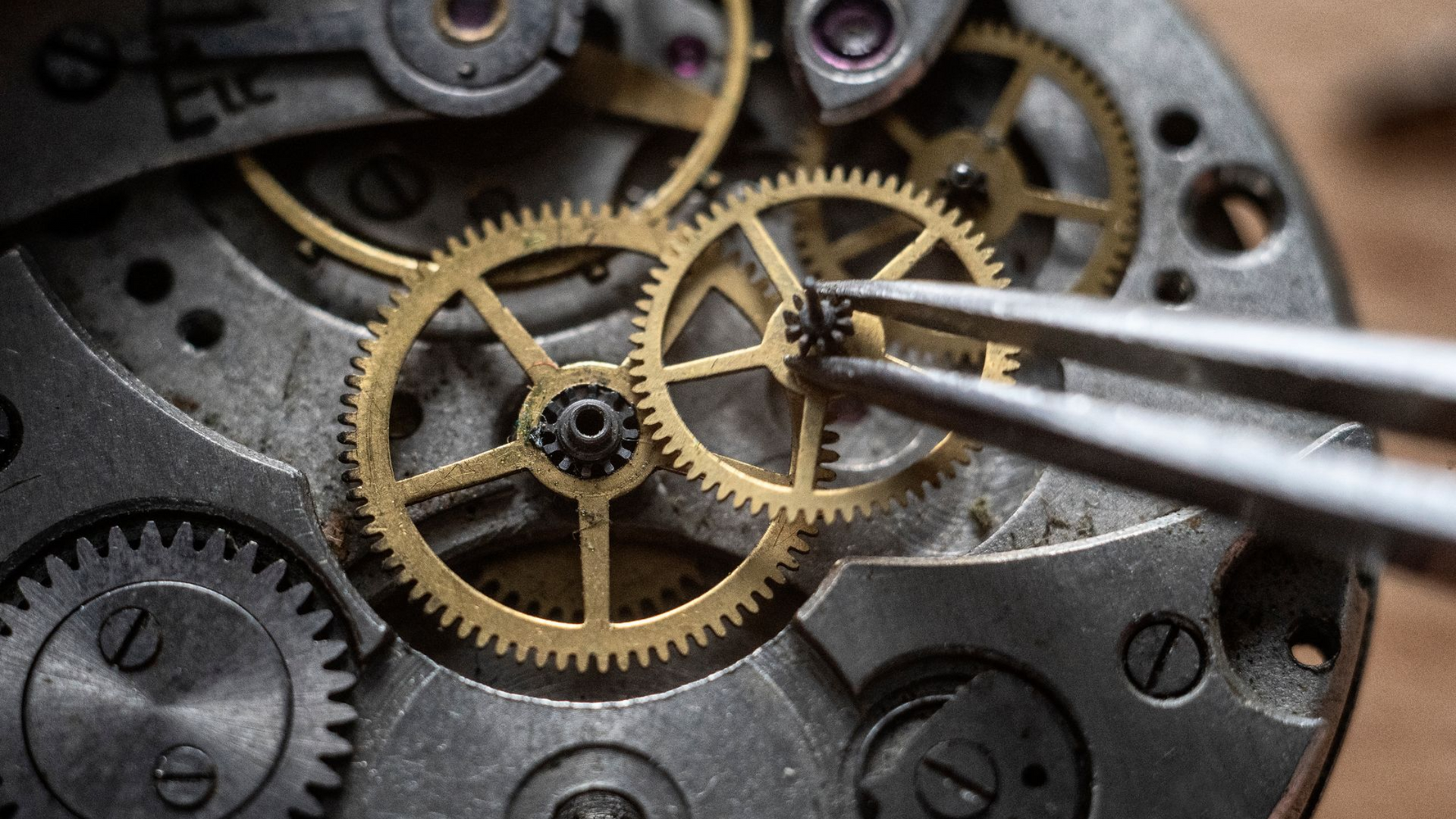 Engrenages de montre assemblés avec des pincettes.