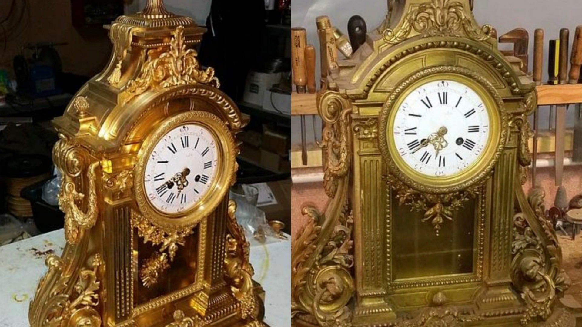 Deux horloges anciennes ornées de couleur dorée ; l'une dans un cadre faiblement éclairé et l'autre sous une lumière vive.