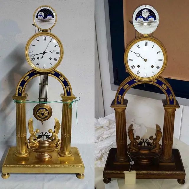 Une horloge dorée avant et après restauration esthétique.