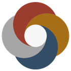 Logotipo abstracto con cuatro formas curvas superpuestas en rojo, gris, azul y dorado que forman un molinillo.