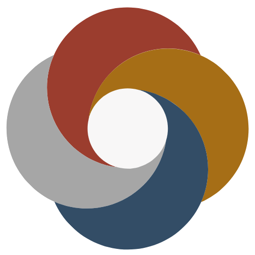 Logotipo abstracto con cuatro formas curvas superpuestas en rojo, dorado, azul y gris alrededor de un centro blanco
