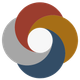 Logotipo abstracto con cuatro formas curvas superpuestas en rojo, dorado, azul y gris alrededor de un centro blanco