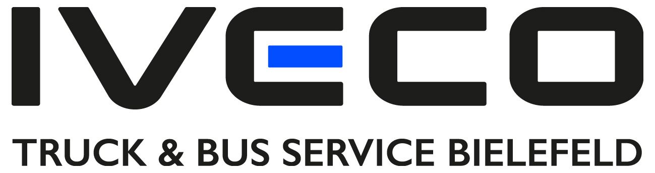 IVECO-Logo mit dem Schriftzug „TRUCK & BUS SERVICE BIELEFELD“ in Schwarz, Grau und Blau