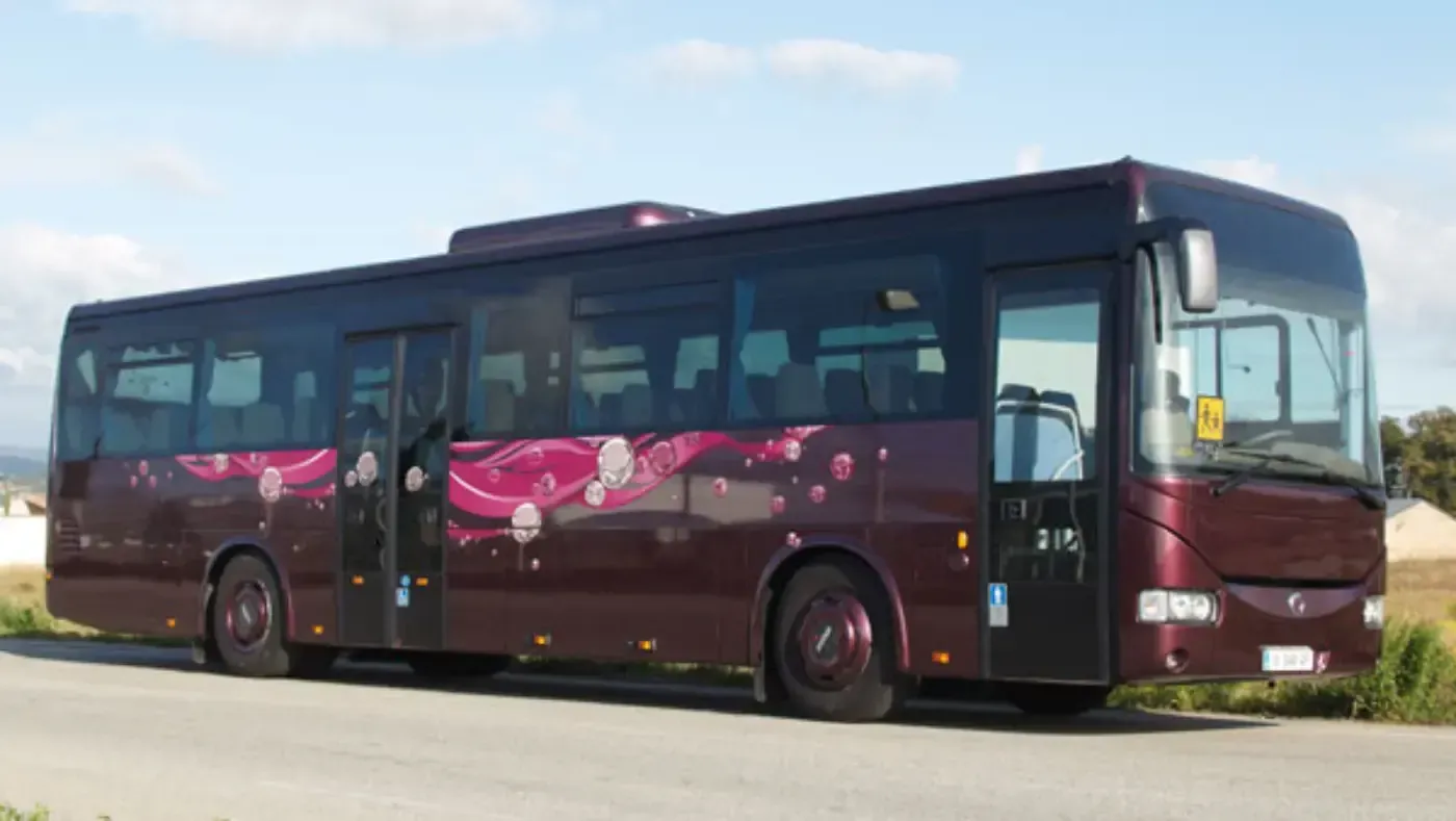 Ein bordeauxroter Reisebus mit rosa Aufdrucken parkt auf einer Straße unter blauem Himmel.