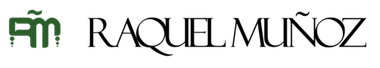 Logotipo de Raquel Muñoz en negro y verde con un monograma “RM” estilizado.