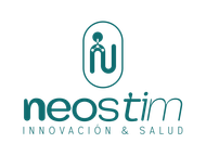 Logotipo de Neostim en color verde azulado con el lema “Innovación & Salud” e icono médico abstracto sobre el texto.