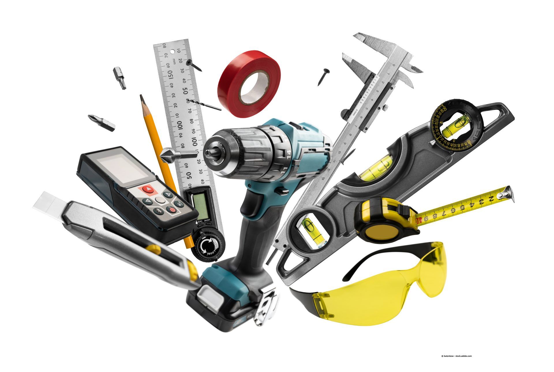 Werkzeuge wie Bohrmaschine, Schutzbrille, Messgeräte, Cutter...
